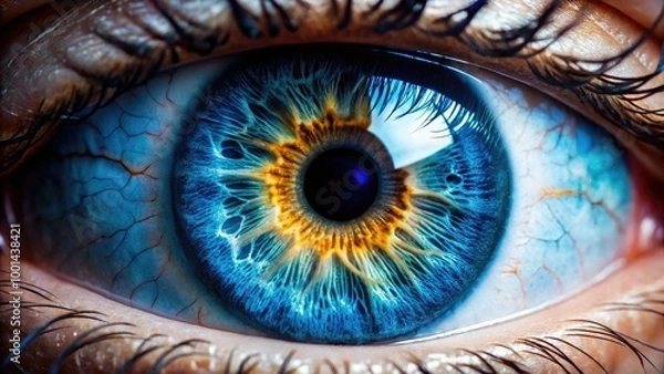 Fototapeta Highly detailed close-up of a human eyeball, showcasing intricate iris patterns, bright blue color, and sharp focus on the pupil and surrounding white.