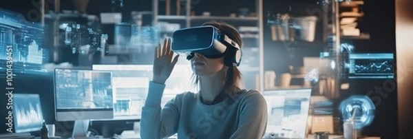 Fototapeta Virtual reality designer engaged in creative work within a modern studio filled with 3D floating objects. Generative AI