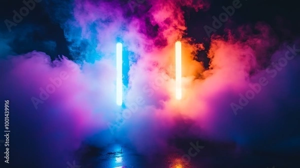 Fototapeta At night, a vivid light show with colorful smoke effects takes place in a dark atmosphere, generative ai