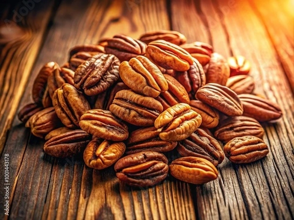 Fototapeta Fresh Unshelled Pecan Nuts on Wooden Background with Natural Texture and Warm Tones for Cooking