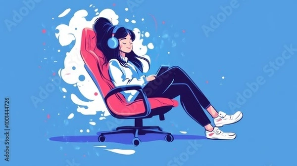 Fototapeta Streamer girl sitting in a gaming chair, minimalist flat art style, bright colors and simple shapes representing a gaming scene.