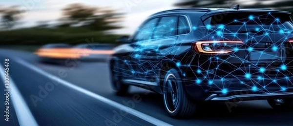 Fototapeta Overhead view of a hightech car driving along a neonblue city highway, with glowing AIgenerated digital structures Sleek, futuristic design, vibrant lighting, and dynamic movement