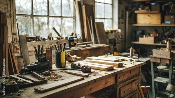 Fototapeta A woodworking workspace with various materials, including wood planks, tools, and a workbench.