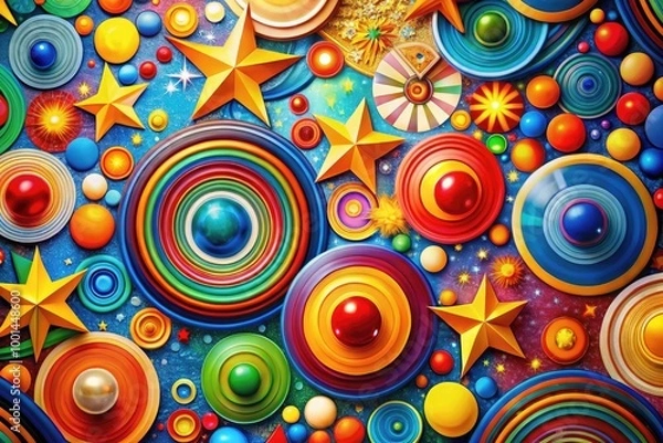 Fototapeta Colorful abstract design featuring circles and stars creating a vibrant and dynamic composition