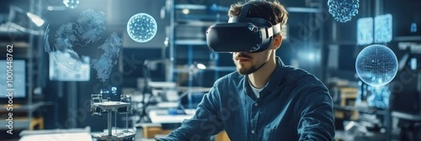 Obraz Virtual reality designer works in a modern studio filled with floating 3D objects while wearing a VR headset. Generative AI