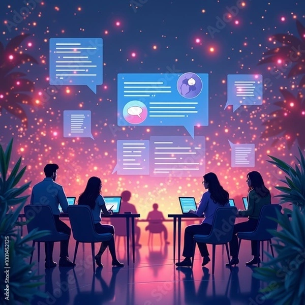 Fototapeta Representation of chatGPT,  dynamic flow of data, people engaged in writing. Imaginative interpretation of technology and creative interaction concepts.