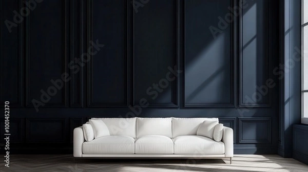 Fototapeta Mock up frame in a minimalist room with deep navy walls and a luxurious white leather sofa