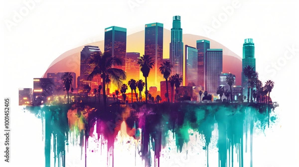 Fototapeta an urban cityscape in the cyberpunk style, with neon lights and futuristic buildings, featuring palm trees in the background. The design includes glitch effects and paint drips