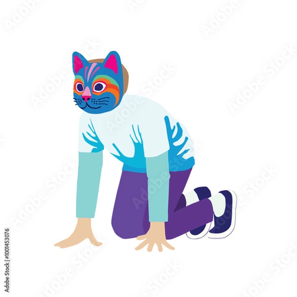 Fototapeta The boy imitates a cat and stands in a cat pose on fours. Useful physical activity combined with a modern hobby. Unusual subculture. Hand drawn simple colored vector illustration.
