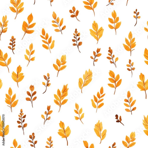 Fototapeta Seamless autumn leaf pattern with golden laurel and wheat branches in a decorative floral design