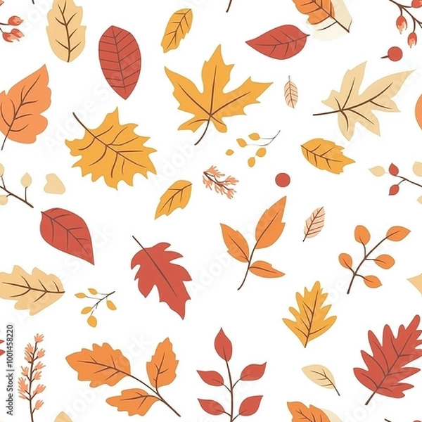 Obraz A seamless autumn leaves pattern with vibrant maple and oak leaves in shades of yellow orange and red showcasing the colors of fall. Suitable for printing on bed sheets, curtains, graphic backgrounds 