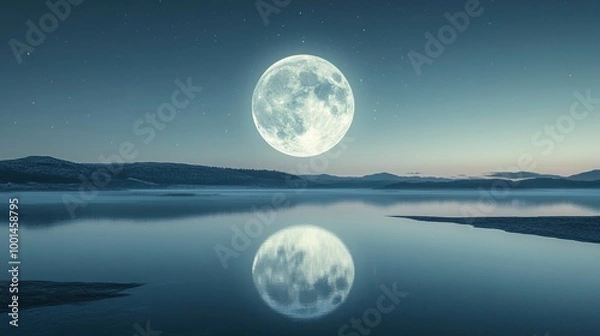 Fototapeta A breathtaking view of a full Moon rising over a tranquil landscape, casting silvery reflections on a calm lake