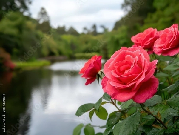 Fototapeta The scenic beauty of the Botanic Gardens  rose garden, with vibrant blooms and the tranquil river in the background