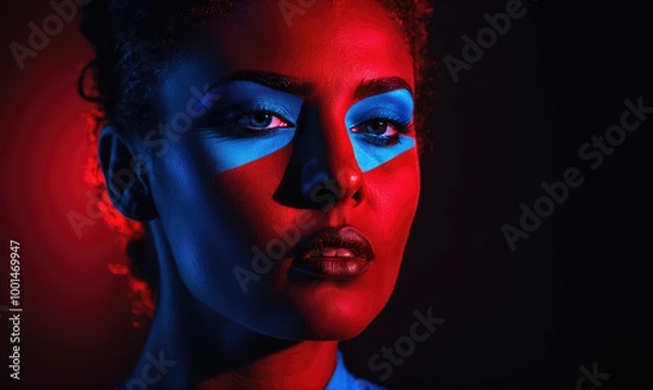 Fototapeta A woman with blue and red makeup stares intensely into the camera