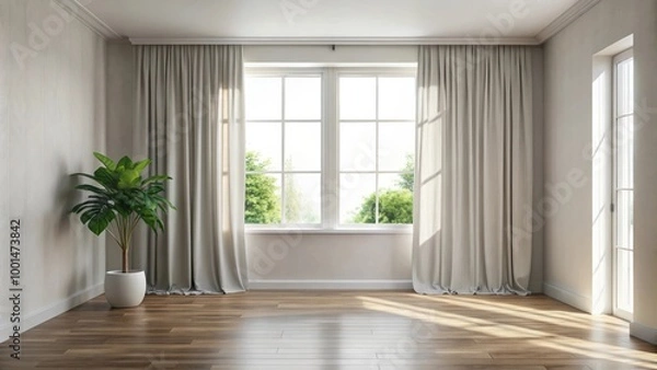 Fototapeta Minimalist interior with empty space and window curtains for peaceful atmosphere