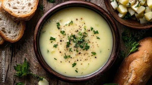 Obraz Creamy Potato Leek Soup Overhead Shot, herbs, rustic, bowl, food
