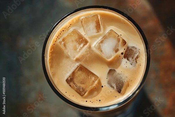 Obraz Top-Down View of Iced Latte with Ice Cubes, coffee, drink, beverage, refreshment