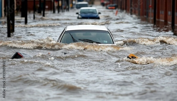 Fototapeta A street turned into a river by flash floodwaters, with cars and debris floating in the fast-moving current