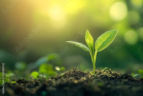 Obraz Seedling in Sunlight Symbolizing Sustainable Development on Earth Day, growth, nature, green, environment