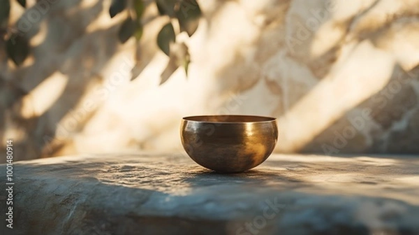 Obraz Sound Therapy with Tibetan Singing Bowl on Uncluttered Backdrop, relaxation, calm, simplicity, harmony
