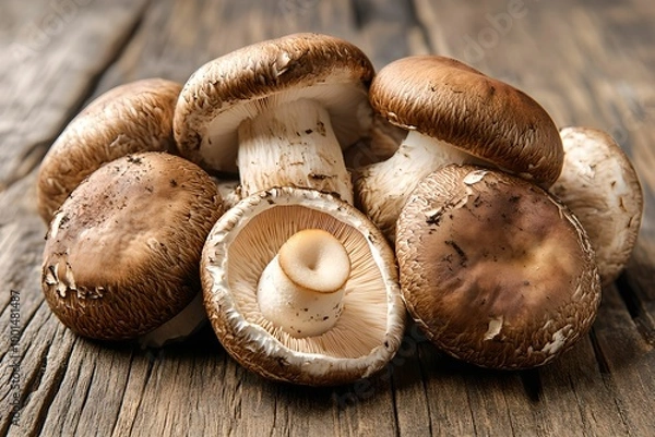 Obraz Premium Shiitake Mushrooms on Rustic Wood, fresh, organic, nature, food