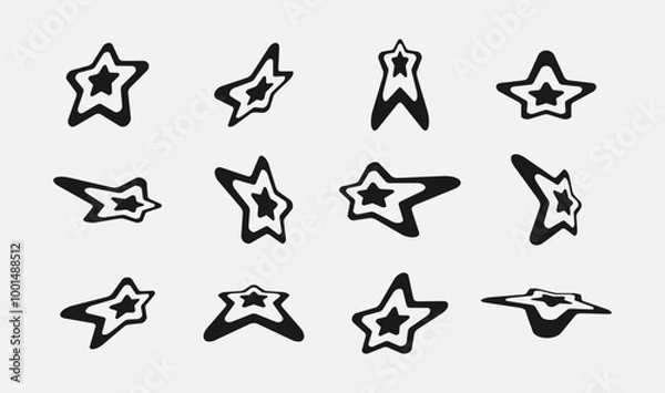 Fototapeta Set with various Y2k stars elements for design. Fashionable geometric forms of brutalism, elements of Memphis. Simple shapes, symbols and frames in y2k style. Vector illustration