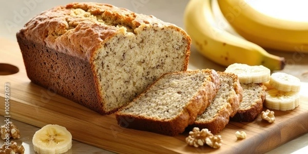 Obraz Sliced Banana Bread on Wooden Cutting Board