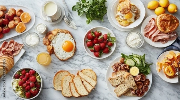 Fototapeta A variety of traditional breakfast foods arranged on a marble surface, creating a classic and elegant setting.