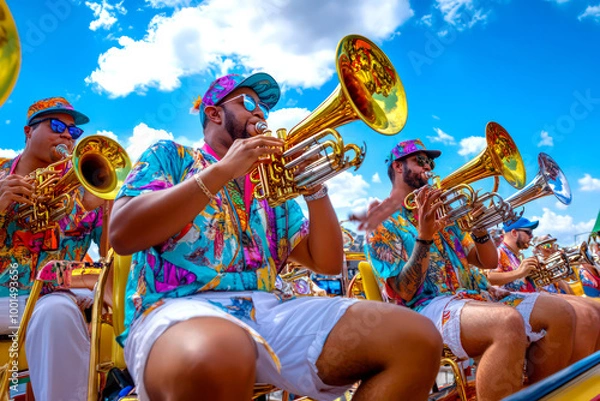 Fototapeta A brass band performing on a float. 