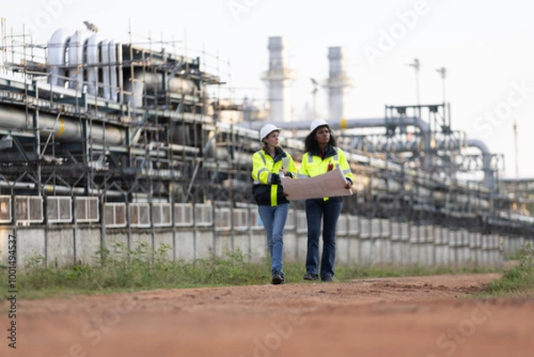 Fototapeta A diverse female industrial engineer  on a construction site oil refinery  talking on a walkie-talkie, surrounded by workers and machinery, highlighting the specifications oil and gas produce 
