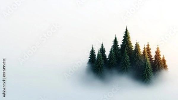 Obraz Treetops, peeking through fog, early morning light, 3D illustration
