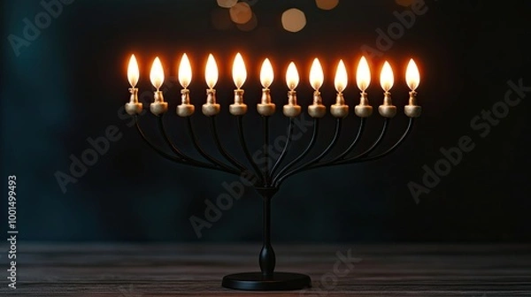 Fototapeta A beautifully lit menorah with multiple candles glowing in a dark setting, creating a warm and festive atmosphere.