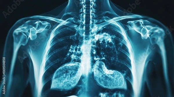 Fototapeta X-ray image of human chest and abdomen, focusing on internal organs with specific treatment areas, showcasing the precision of medical technology