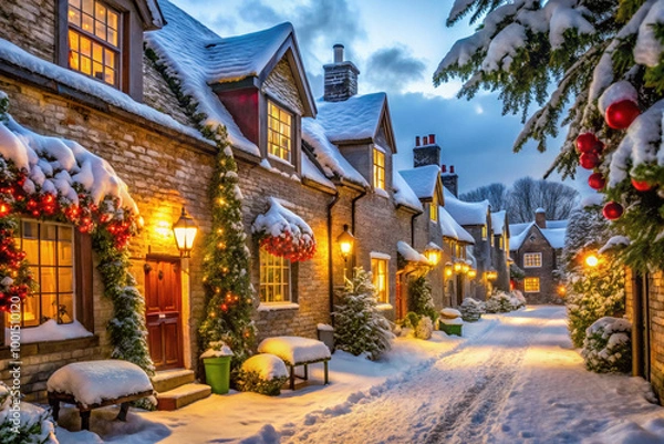 Obraz Charming snow-covered village street with Christmas decorations and lights