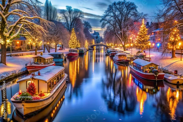 Obraz Boats decorated with Christmas lights along snowy canal at night