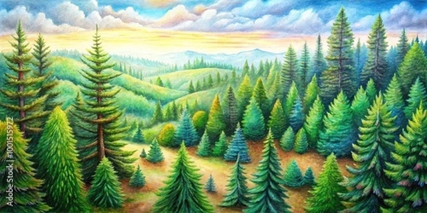 Fototapeta Detailed Pencil Drawing of Pine Trees in a Serene Landscape Capturing Nature's Beauty and Texture