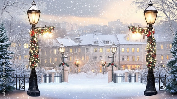 Fototapeta Snowy park with decorated lanterns and Christmas lights at dusk