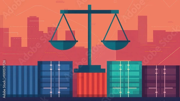 Obraz Trade Deficit Analysis, a flat design illustration showcasing balance scales alongside import-export icons, emphasizing the dynamics of international trade and economic disparity.