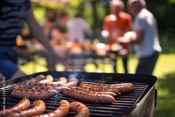 Obraz Sausages on a grill at an outdoor barbecue with friends during a summer cookout party.