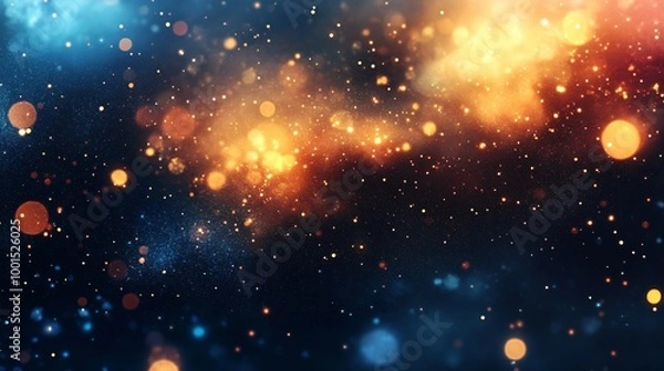 Fototapeta Abstract dark blue and orange background with bokeh lights and glitter.