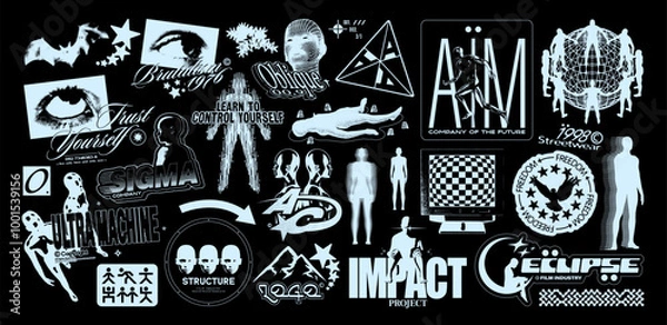 Fototapeta Brutalism graphic elements. Retro-futuristic 3D grunge shapes for design, geometric universal shape for merch, fake logo with silhouette of people. Vector set