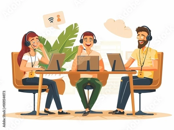 Fototapeta AI-Generated image of Three people are sitting at a table with laptops, one of them is smiling. Scene is positive and friendly