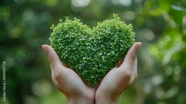 Fototapeta Hands holding green heart shaped tree planting trees loving the environment protecting nature Nourishing the plants World Environment Day To help the world look beautiful Forest conser : Generative AI