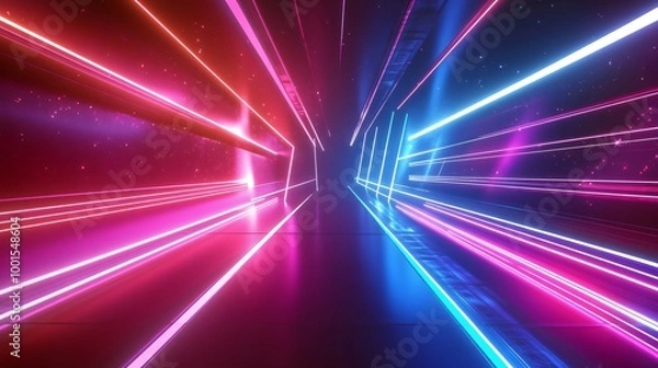 Fototapeta Abstract neon light lines intersecting in a dark room with a glowing effect.