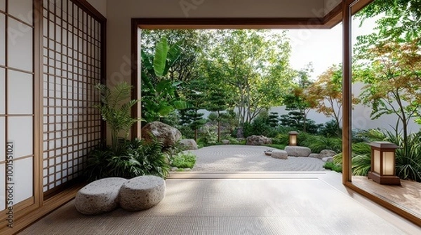 Fototapeta A Japanese garden with a wooden fence and a stone pathway. The garden is peaceful and serene, with a small pond and a few rocks scattered around