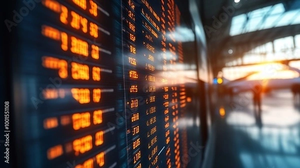 Fototapeta A digital departure board displays flight times and gate information in an airport : Generative AI