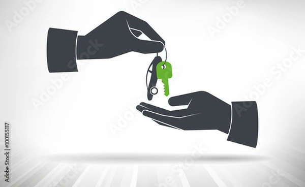 Fototapeta Hand giving car keys. Car key with small car as key ring given from one hand to another