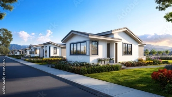 Fototapeta rendering of three single-story, Craftsman-style houses with white walls and gray roofs.