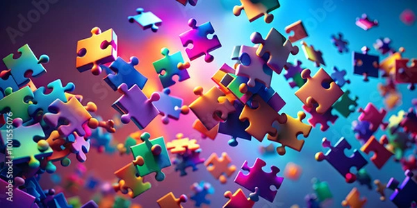 Fototapeta Vibrant Puzzle Pieces in Motion: A mesmerizing 3D render of colorful puzzle pieces floating dynamically against a vibrant backdrop. Perfect for themes of connection, solutions, and creativity.