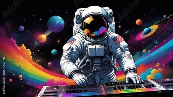 Fototapeta rock concert poster astronaut playing guitar bright flashes content created with generative AI software.